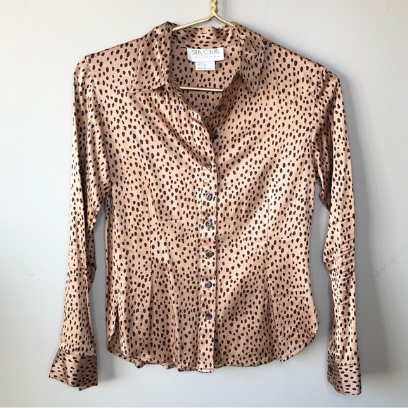 Vintage Tops - Vintage Silk Animal Print Leopard button down long sleeve blouse S